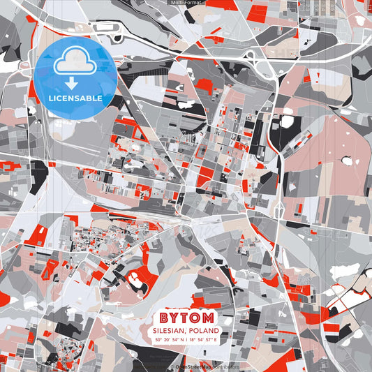Bytom, Silesian, Poland - modern street map poster template with gray and red tones