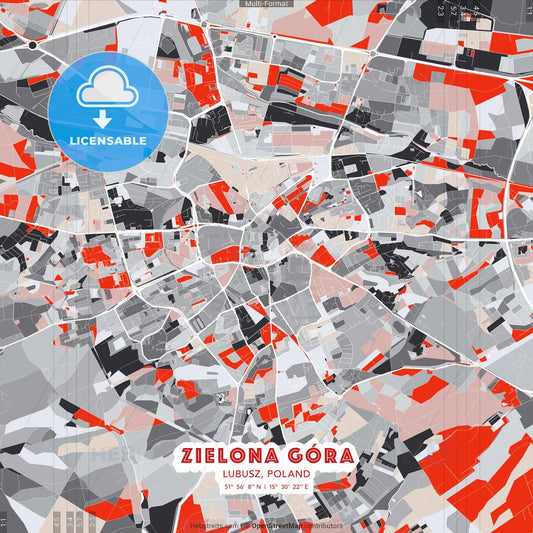 Zielona Góra, Lubusz, Poland - modern street map poster template with gray and red tones