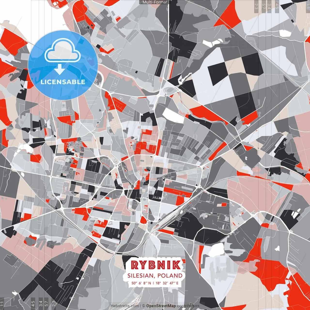 Rybnik, Silesian, Poland - modern street map poster template with gray and red tones