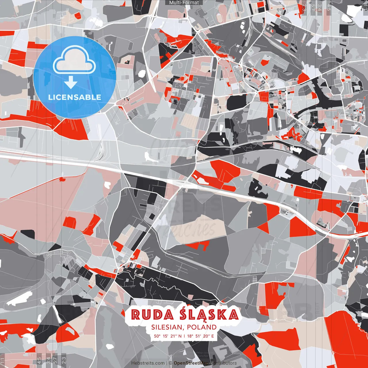 Ruda Śląska, Silesian, Poland - modern street map poster template with gray and red tones