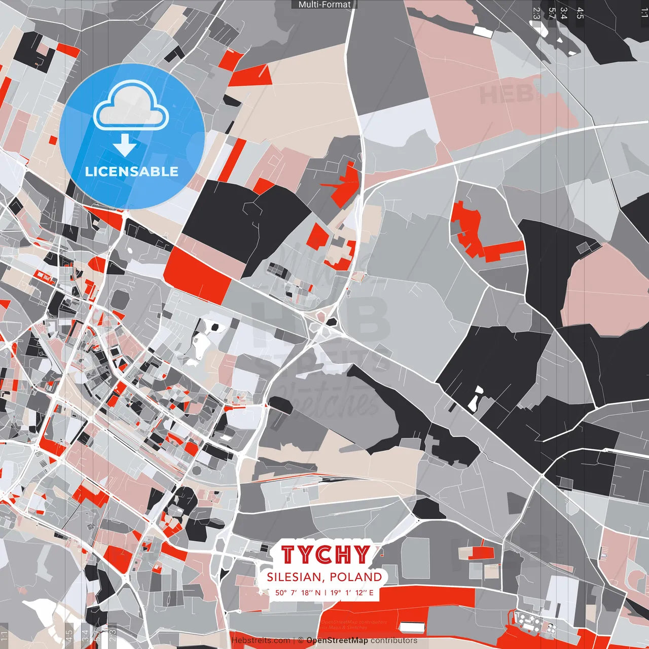 Tychy, Silesian, Poland - modern street map poster template with gray and red tones