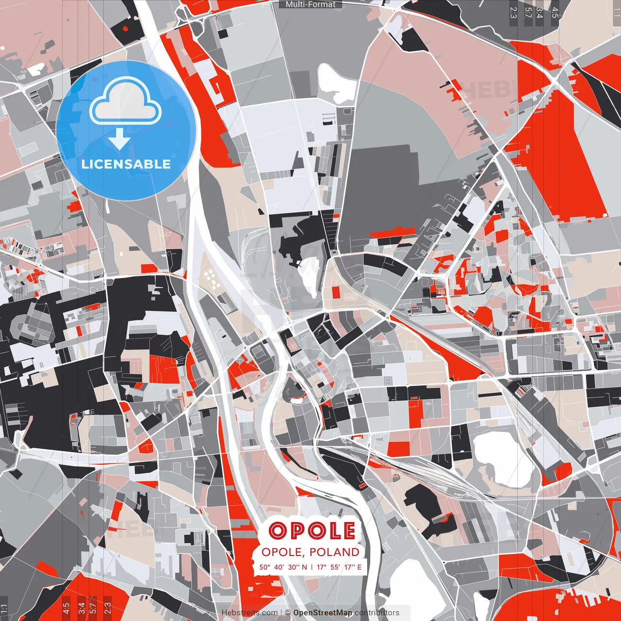 Opole, Opole, Poland - modern street map poster template with gray and red tones