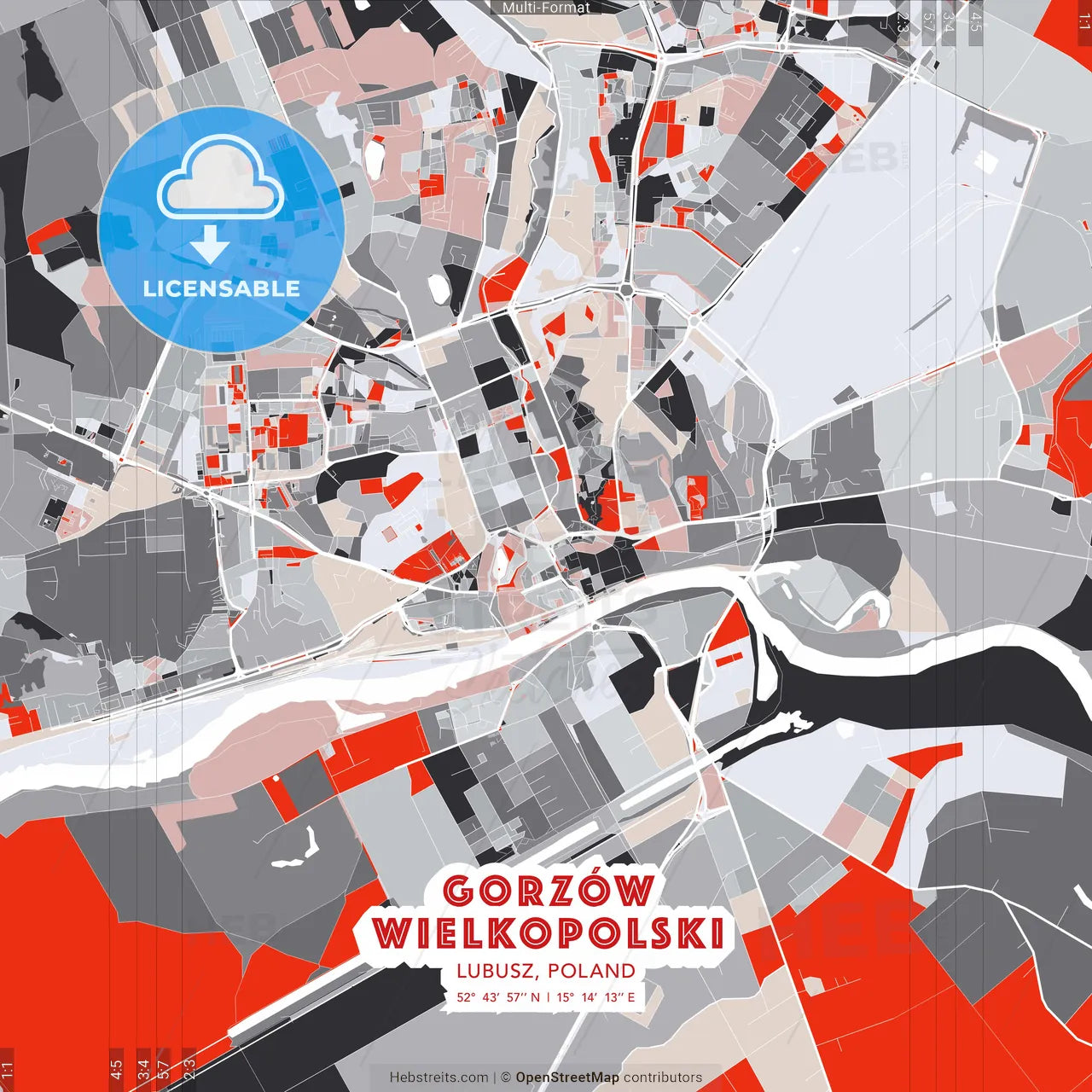 Gorzów Wielkopolski, Lubusz, Poland - modern street map poster template with gray and red tones