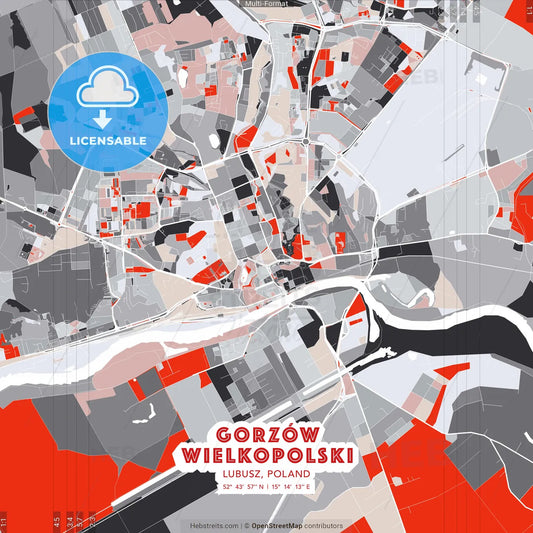 Gorzów Wielkopolski, Lubusz, Poland - modern street map poster template with gray and red tones