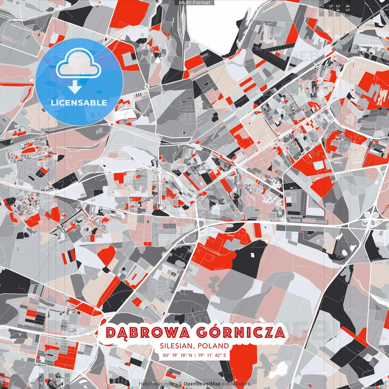 Dąbrowa Górnicza, Silesian, Poland - modern street map poster template with gray and red tones