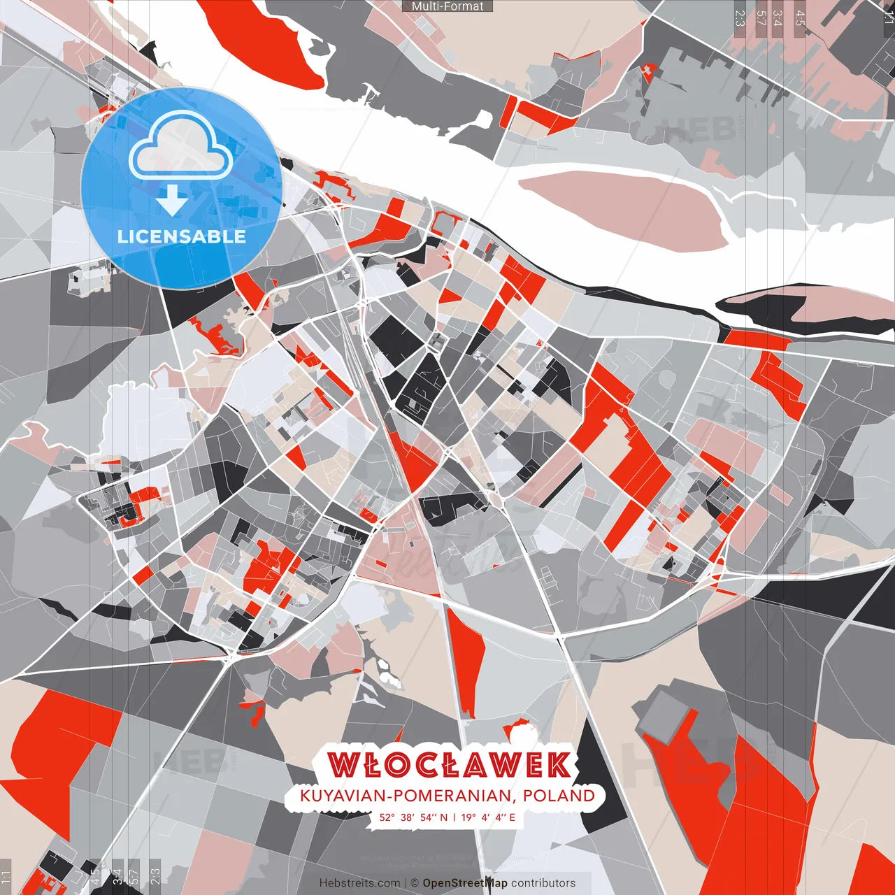 Włocławek, Kuyavian-Pomeranian, Poland - modern street map poster template with gray and red tones