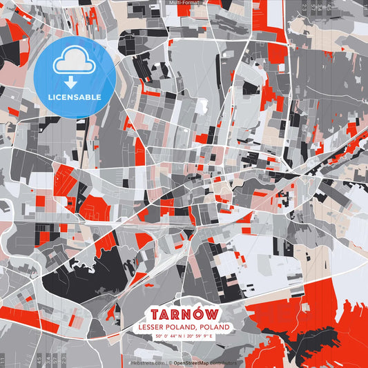 Tarnów, Lesser Poland, Poland - modern street map poster template with gray and red tones