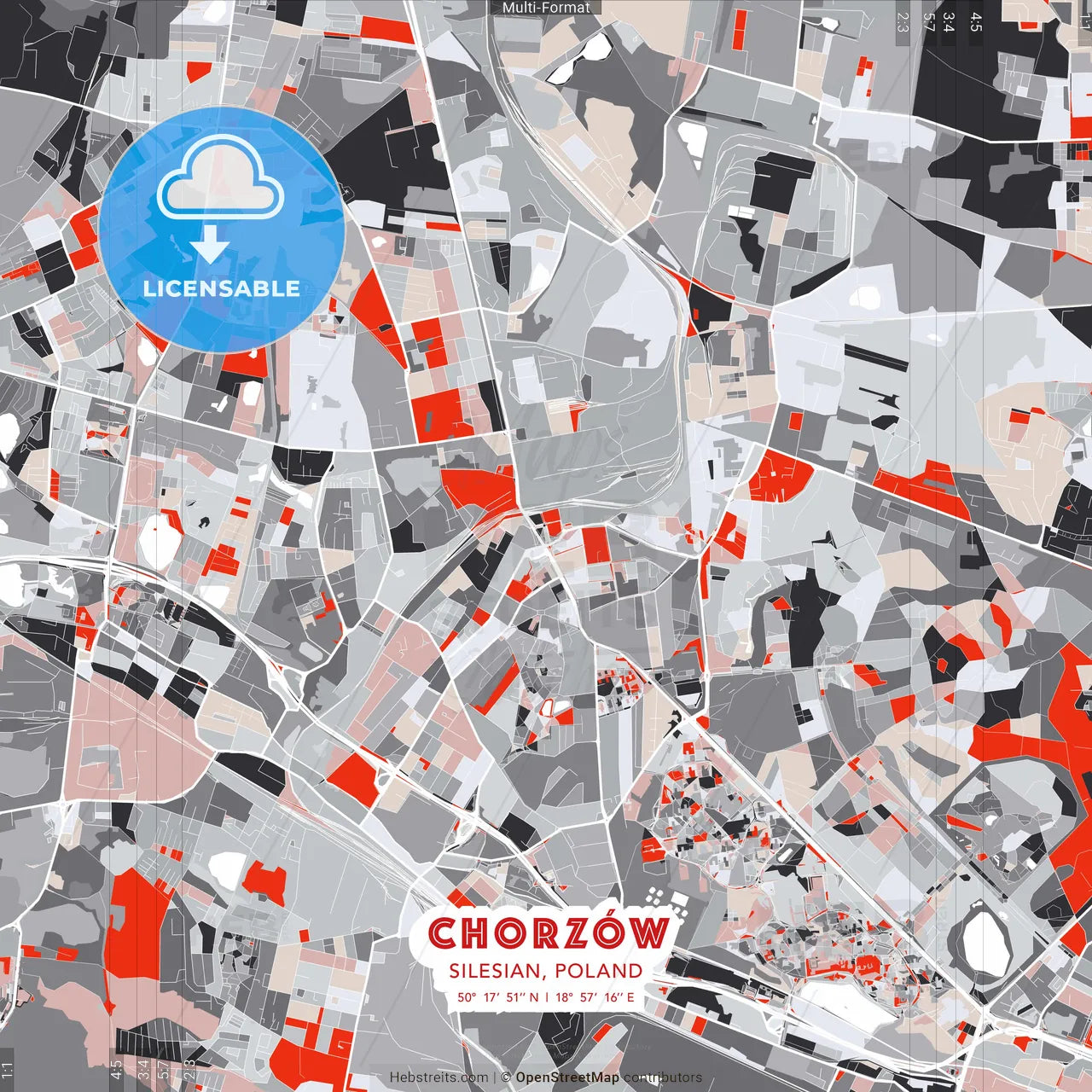 Chorzów, Silesian, Poland - modern street map poster template with gray and red tones