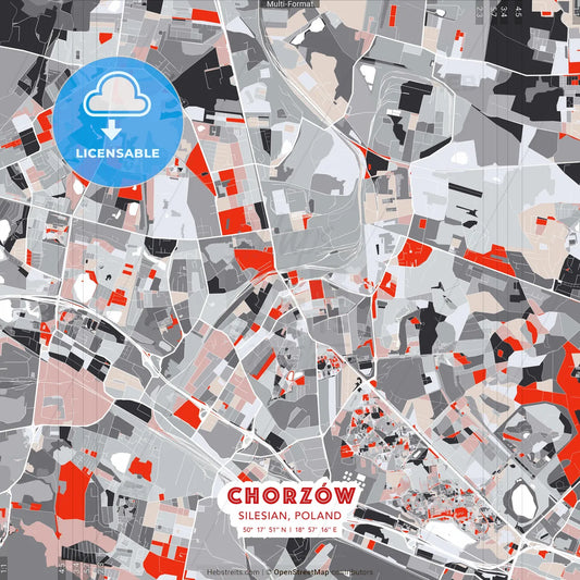 Chorzów, Silesian, Poland - modern street map poster template with gray and red tones