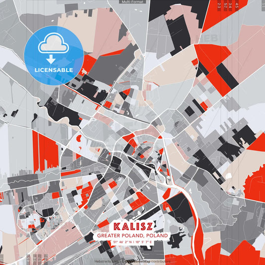 Kalisz, Greater Poland, Poland - modern street map poster template with gray and red tones