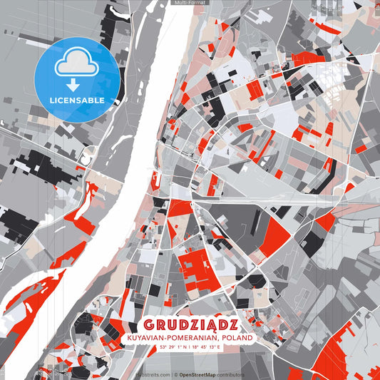 Grudziądz, Kuyavian-Pomeranian, Poland - modern street map poster template with gray and red tones