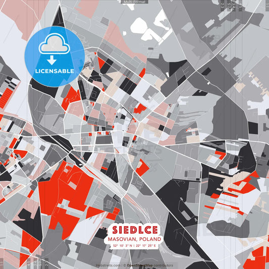 Siedlce, Masovian, Poland - modern street map poster template with gray and red tones