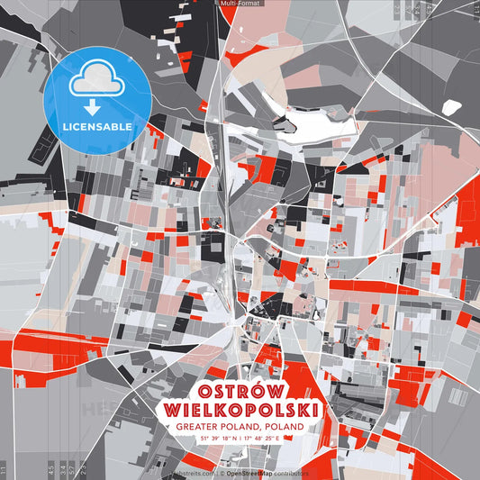 Ostrów Wielkopolski, Greater Poland, Poland - modern street map poster template with gray and red tones