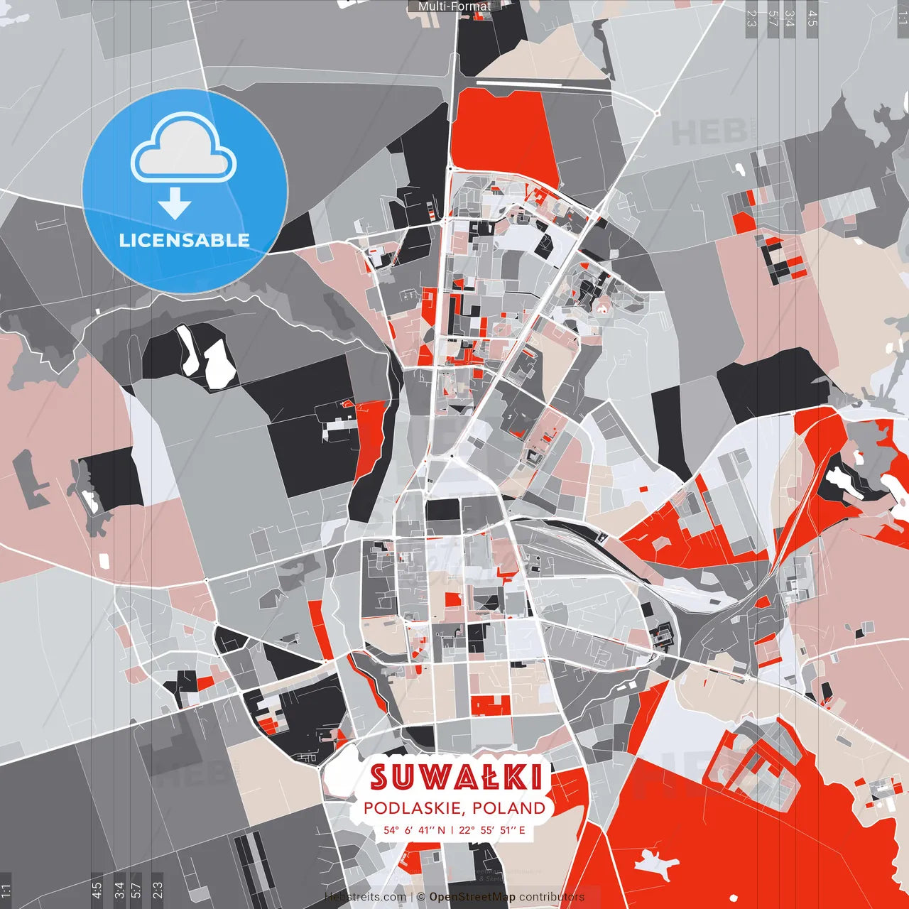 Suwałki, Podlaskie, Poland - modern street map poster template with gray and red tones