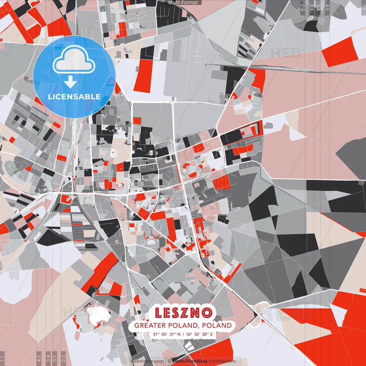 Leszno, Greater Poland, Poland - modern street map poster template with gray and red tones