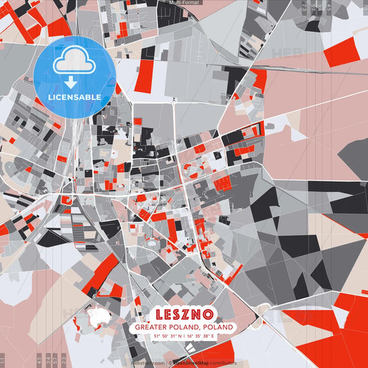 Leszno, Greater Poland, Poland - modern street map poster template with gray and red tones
