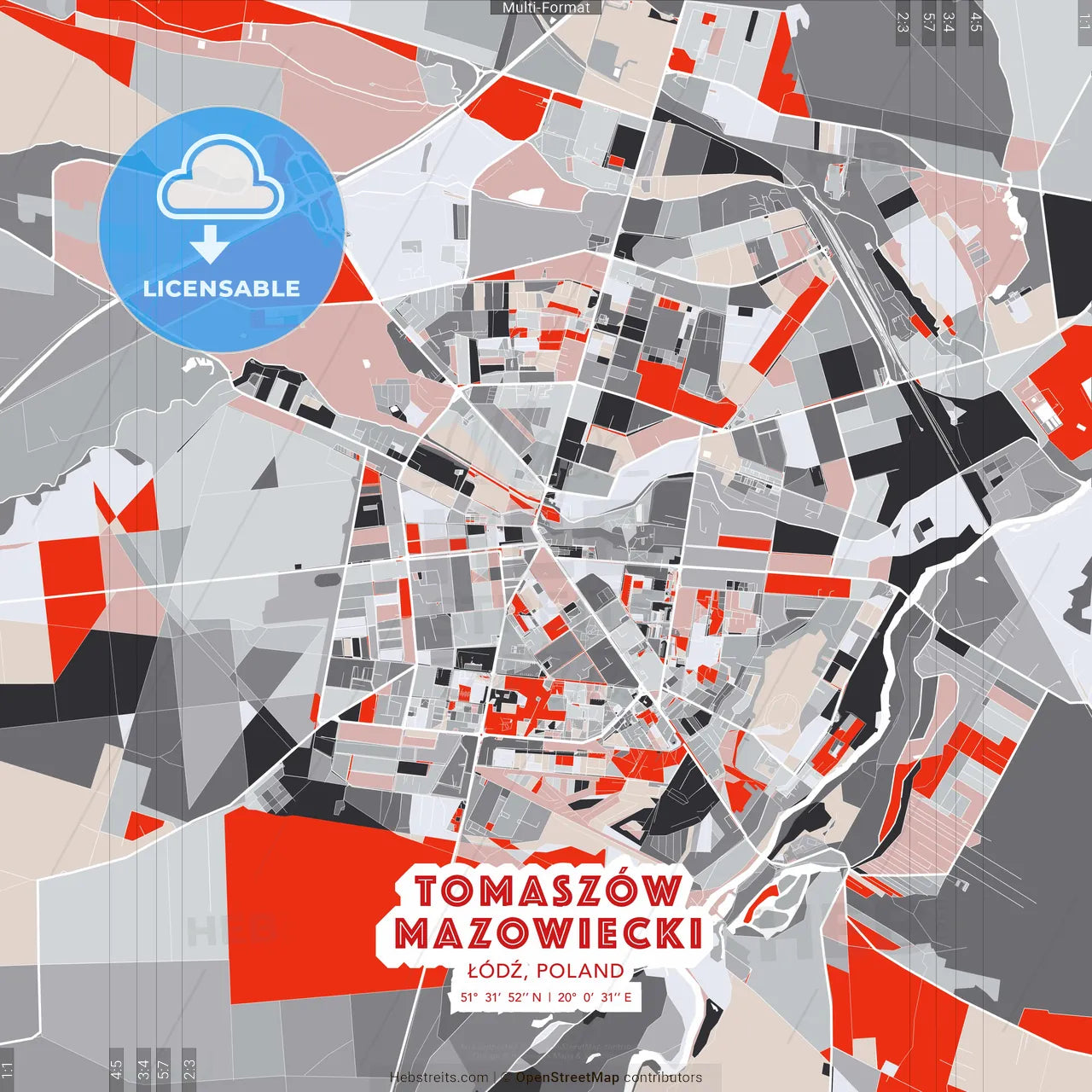 Tomaszów Mazowiecki, Łódź, Poland - modern street map poster template with gray and red tones