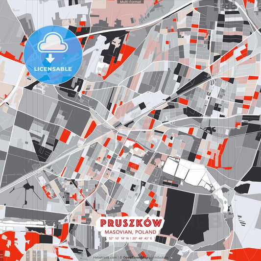 Pruszków, Masovian, Poland - modern street map poster template with gray and red tones