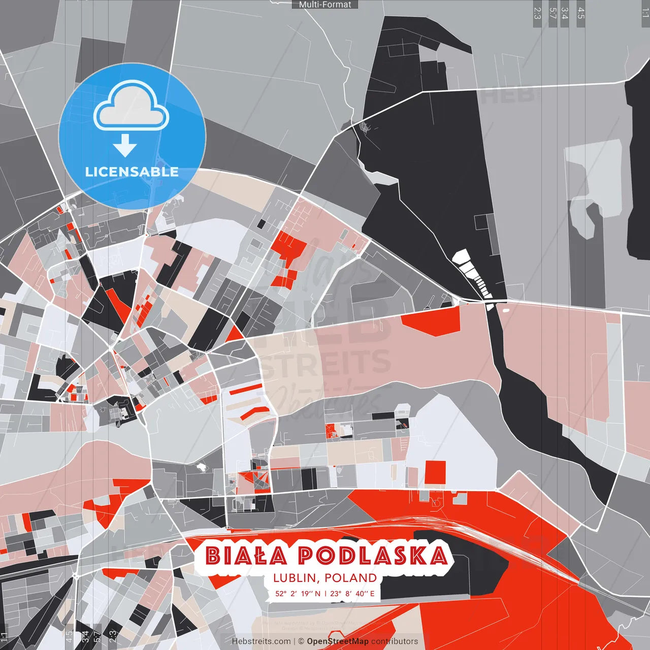 Biała Podlaska, Lublin, Poland - modern street map poster template with gray and red tones