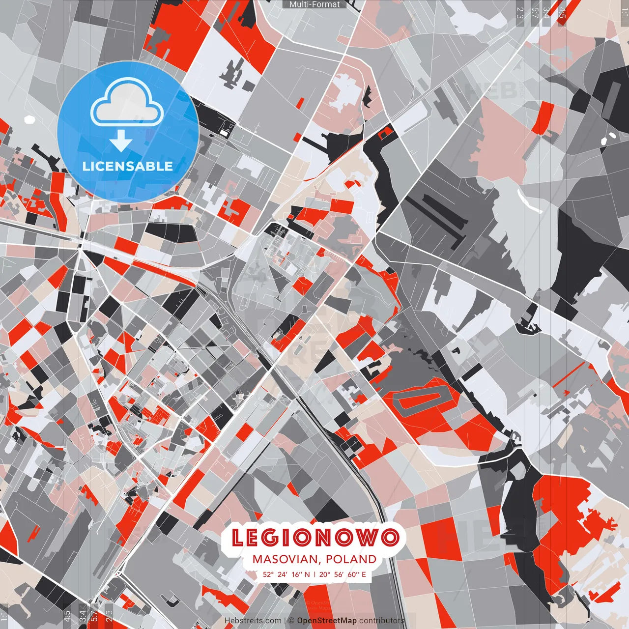 Legionowo, Masovian, Poland - modern street map poster template with gray and red tones