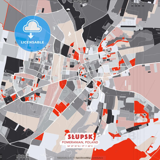 Słupsk, Pomeranian, Poland - modern street map poster template with gray and red tones