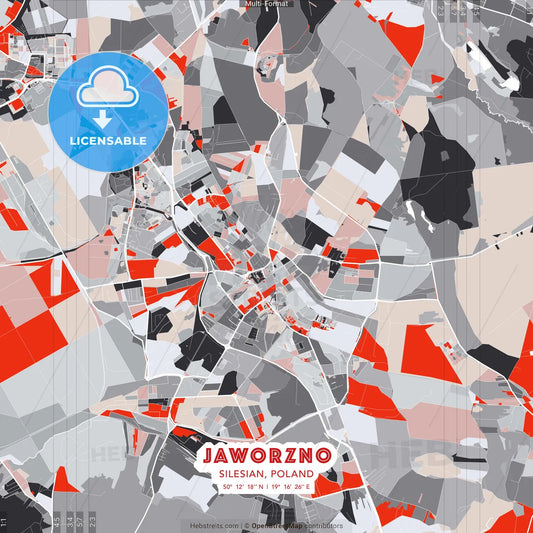 Jaworzno, Silesian, Poland - modern street map poster template with gray and red tones