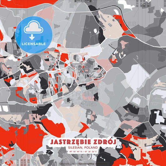 Jastrzębie Zdrój, Silesian, Poland - modern street map poster template with gray and red tones