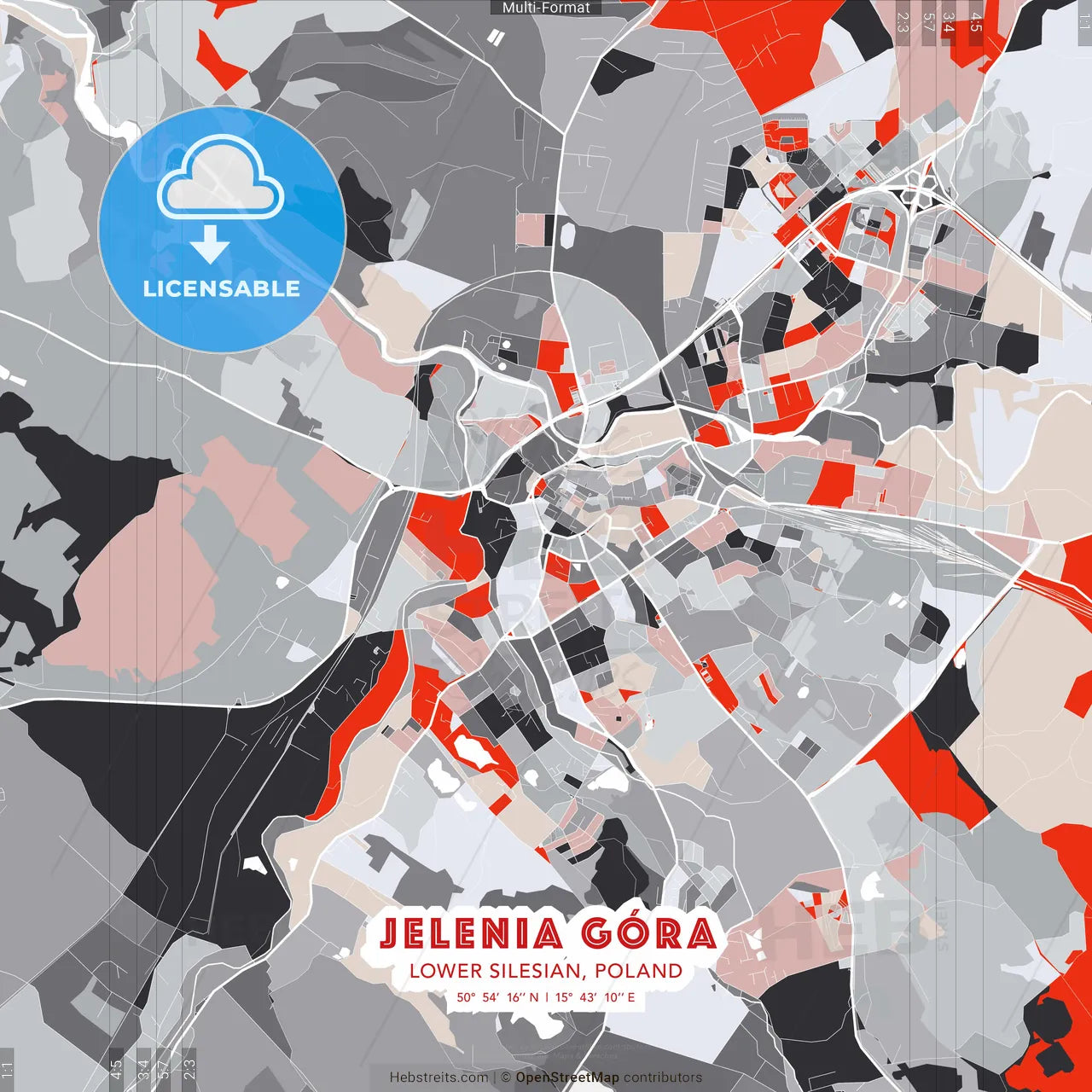 Jelenia Góra, Lower Silesian, Poland - modern street map poster template with gray and red tones