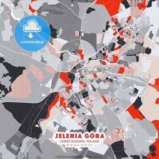 Jelenia Góra, Lower Silesian, Poland - modern street map poster template with gray and red tones