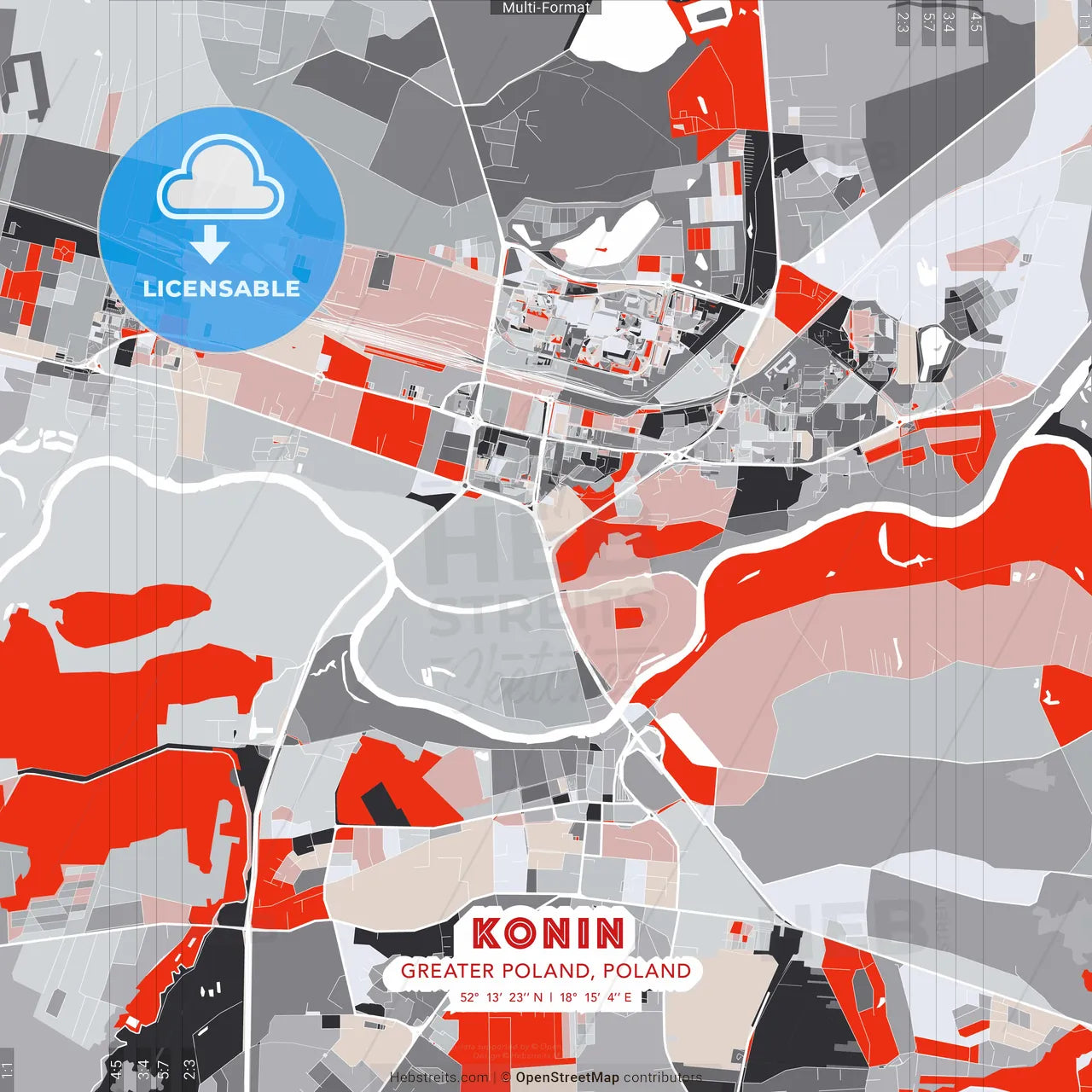 Konin, Greater Poland, Poland - modern street map poster template with gray and red tones