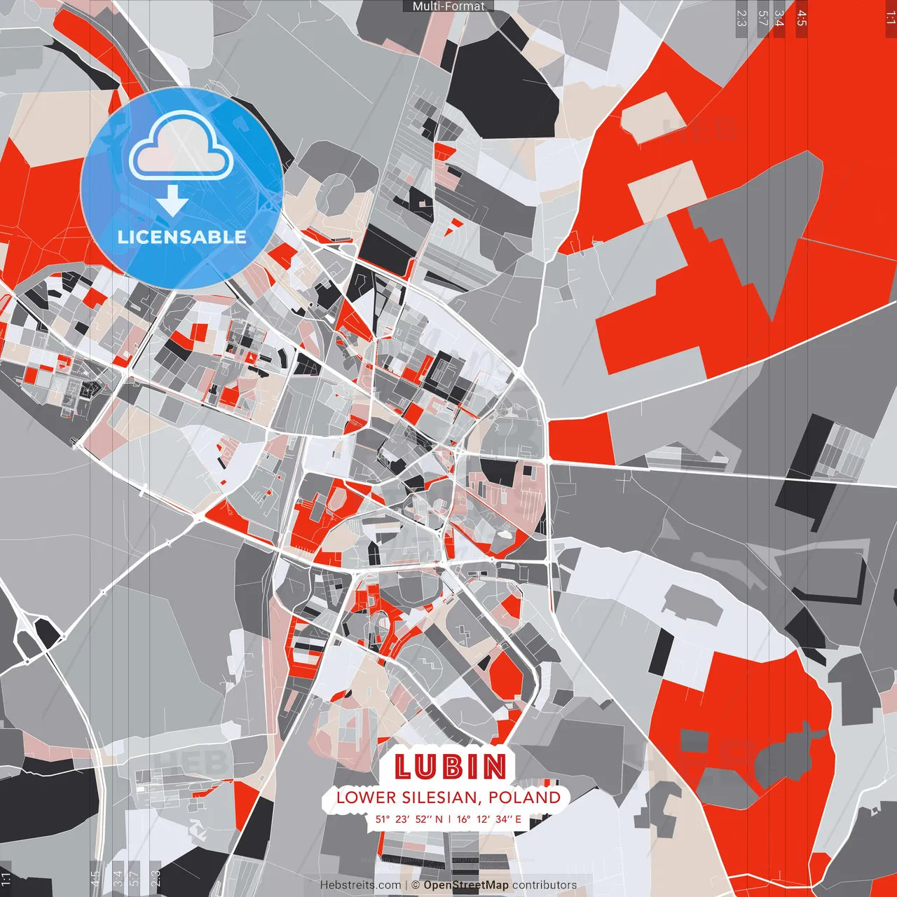 Lubin, Lower Silesian, Poland - modern street map poster template with gray and red tones