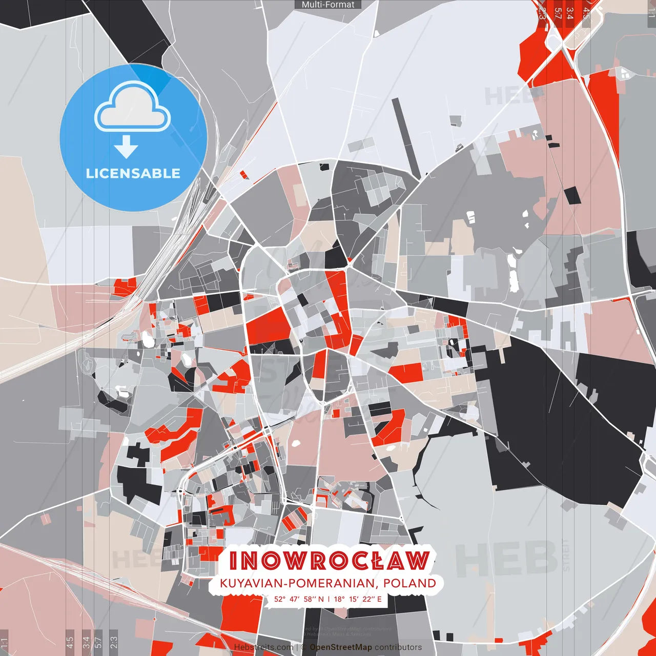 Inowrocław, Kuyavian-Pomeranian, Poland - modern street map poster template with gray and red tones