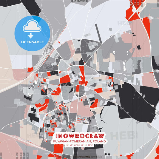 Inowrocław, Kuyavian-Pomeranian, Poland - modern street map poster template with gray and red tones
