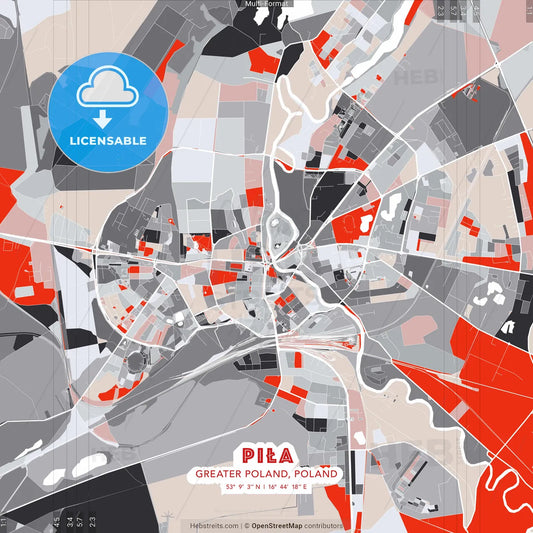 Piła, Greater Poland, Poland - modern street map poster template with gray and red tones