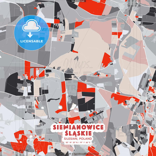 Siemianowice Śląskie, Silesian, Poland - modern street map poster template with gray and red tones