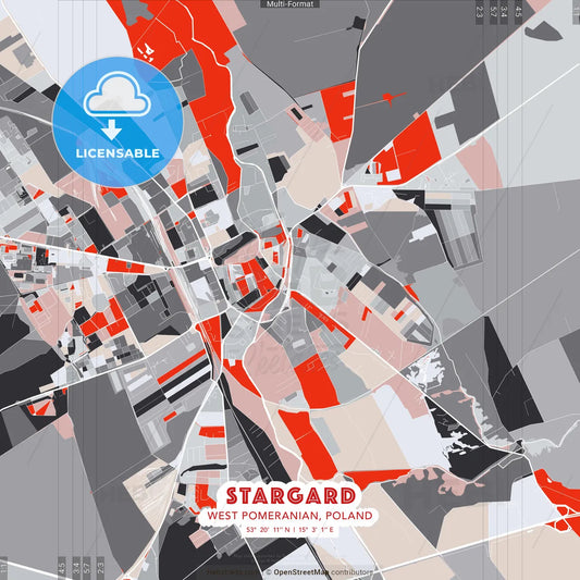 Stargard, West Pomeranian, Poland - modern street map poster template with gray and red tones
