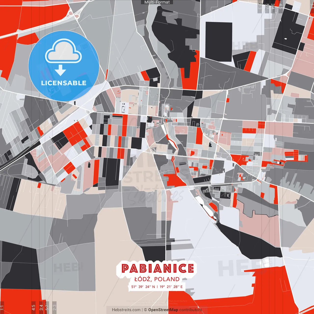 Pabianice, Łódź, Poland - modern street map poster template with gray and red tones