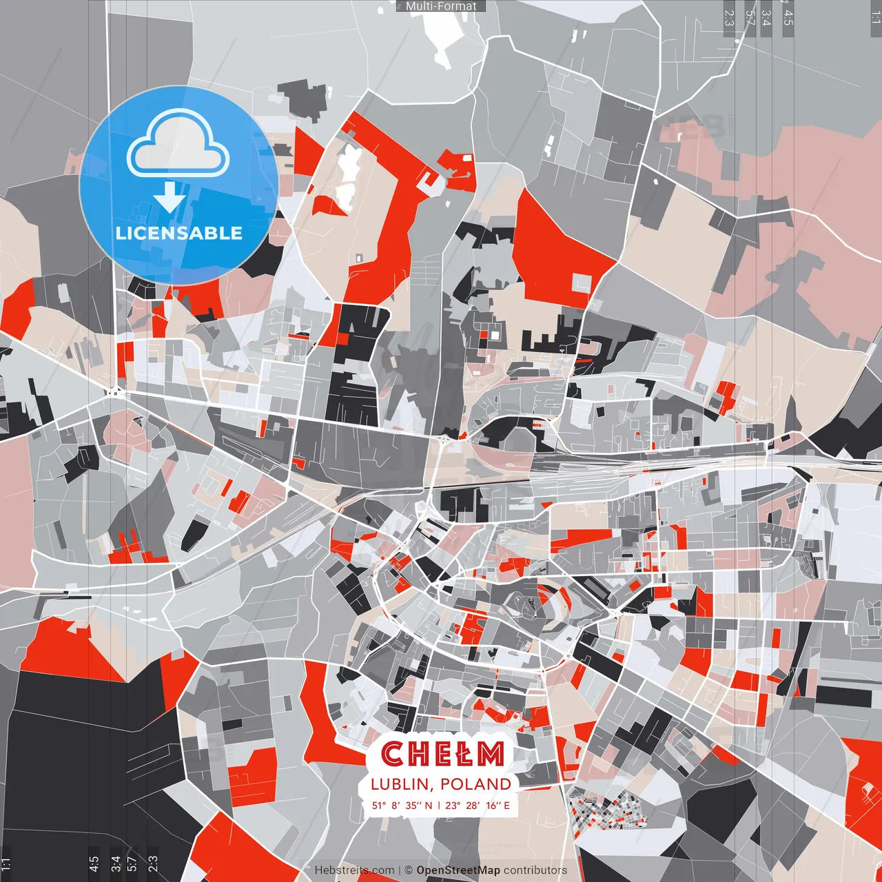 Chełm, Lublin, Poland - modern street map poster template with gray and red tones