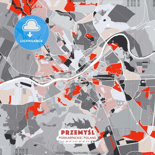 Przemyśl, Podkarpackie, Poland - modern street map poster template with gray and red tones