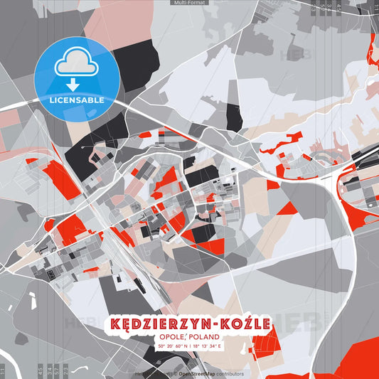 Kędzierzyn-Koźle, Opole, Poland - modern street map poster template with gray and red tones