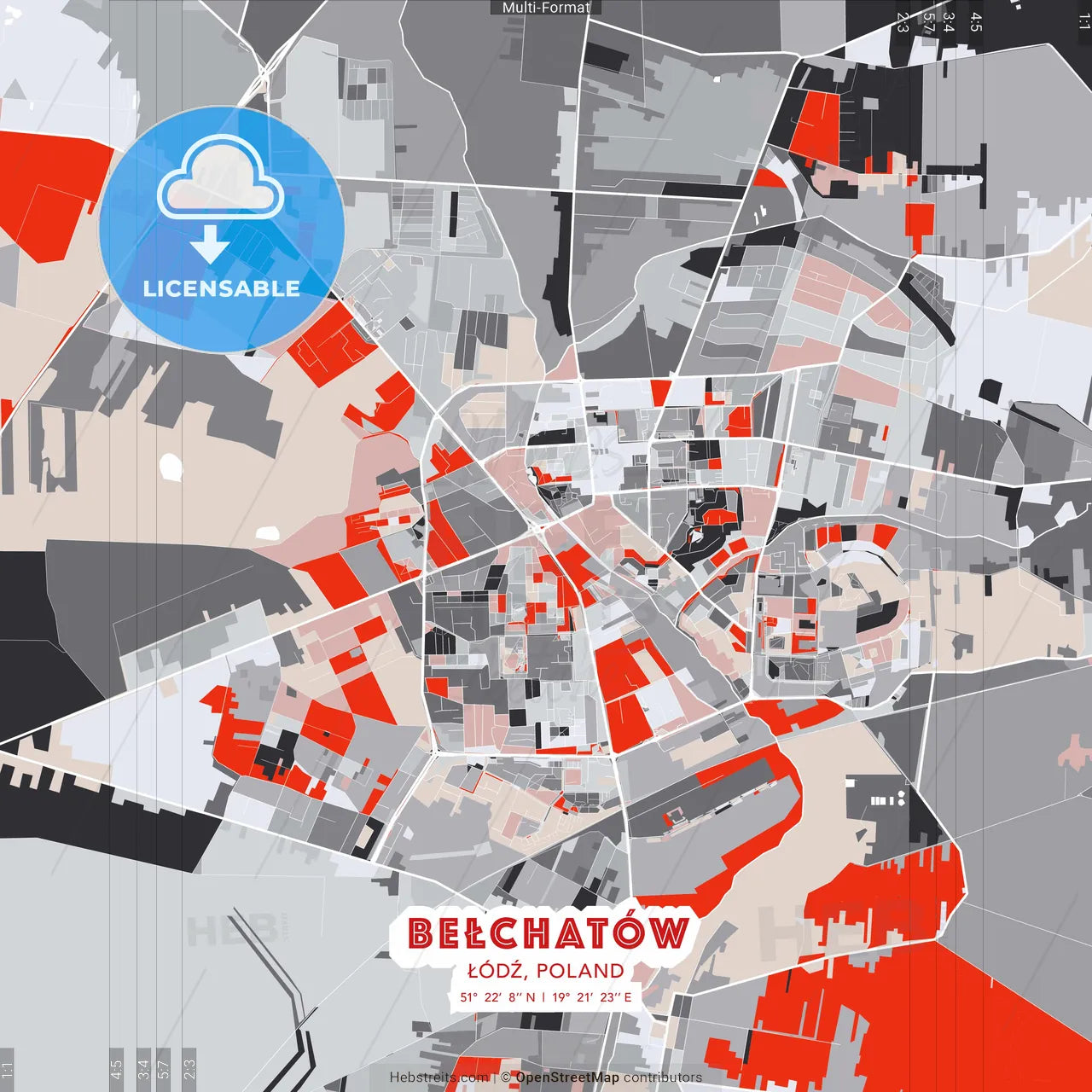 Bełchatów, Łódź, Poland - modern street map poster template with gray and red tones