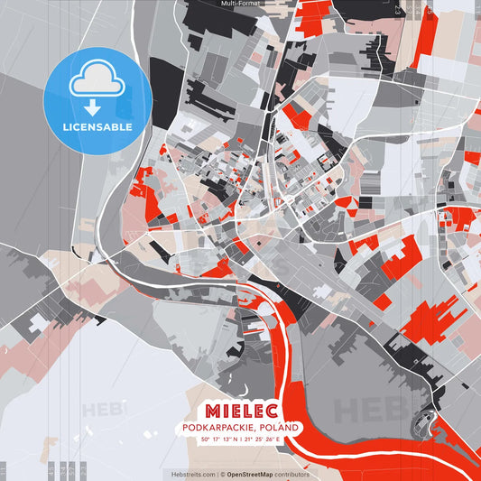 Mielec, Podkarpackie, Poland - modern street map poster template with gray and red tones