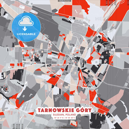 Tarnowskie Góry, Silesian, Poland - modern street map poster template with gray and red tones