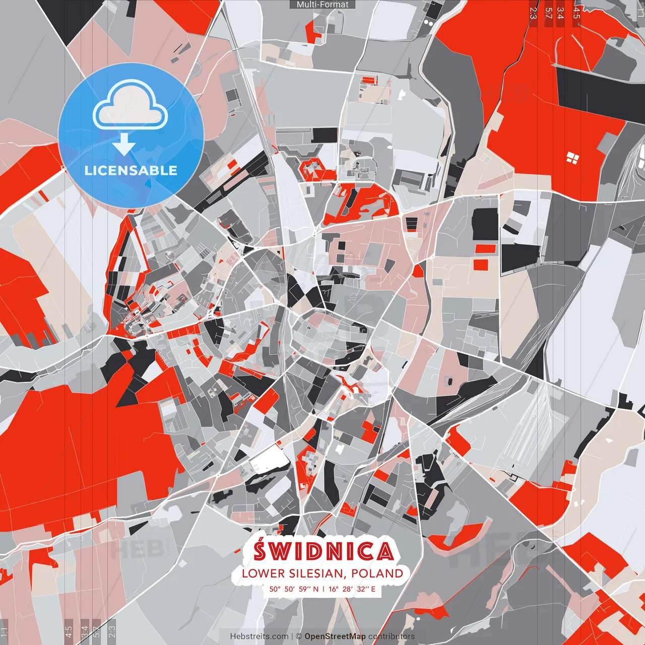 Świdnica, Lower Silesian, Poland - modern street map poster template with gray and red tones