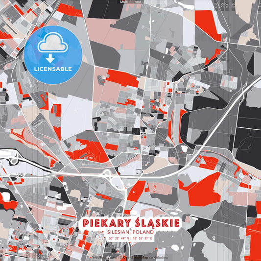 Piekary Śląskie, Silesian, Poland - modern street map poster template with gray and red tones