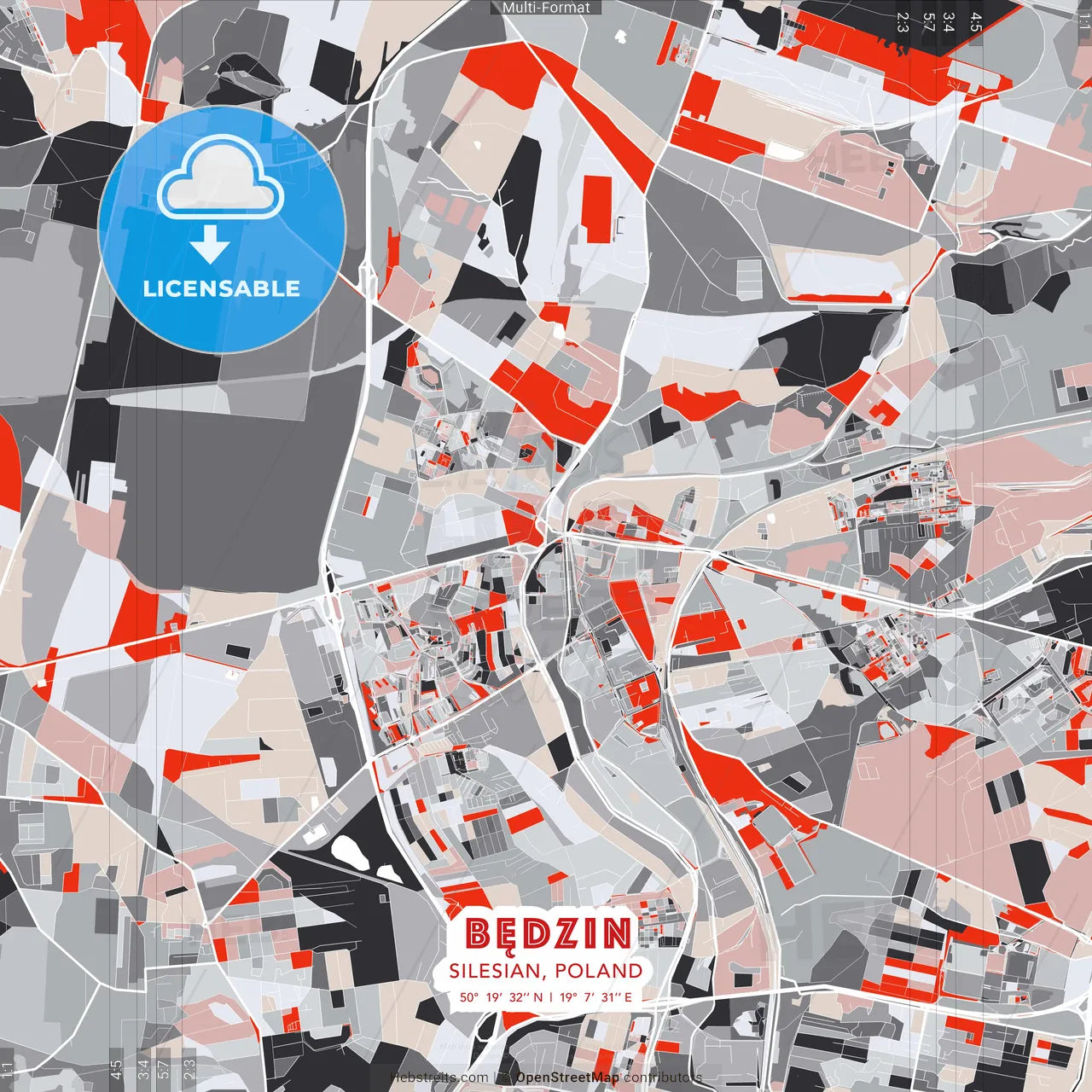 Będzin, Silesian, Poland - modern street map poster template with gray and red tones