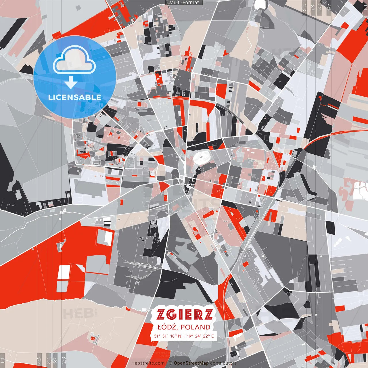 Zgierz, Łódź, Poland - modern street map poster template with gray and red tones