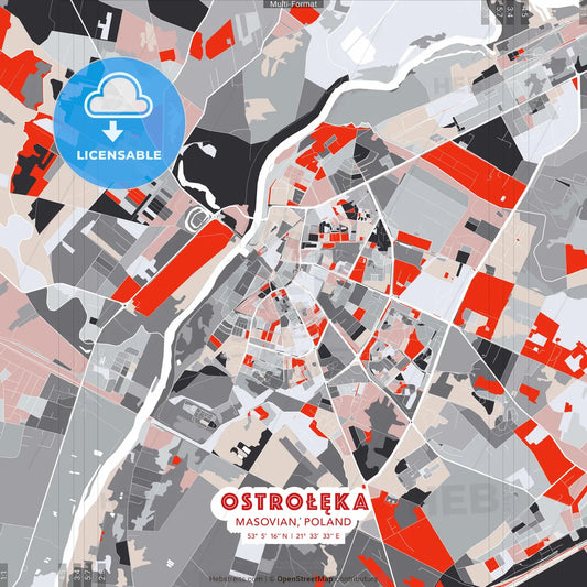 Ostrołęka, Masovian, Poland - modern street map poster template with gray and red tones