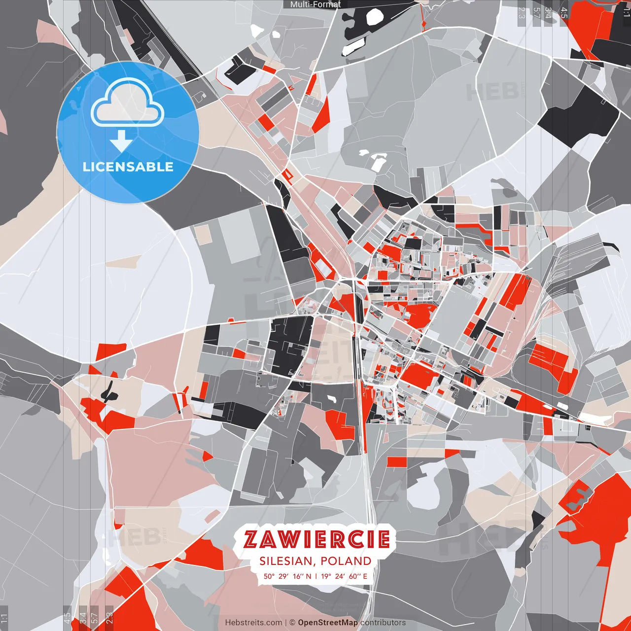 Zawiercie, Silesian, Poland - modern street map poster template with gray and red tones