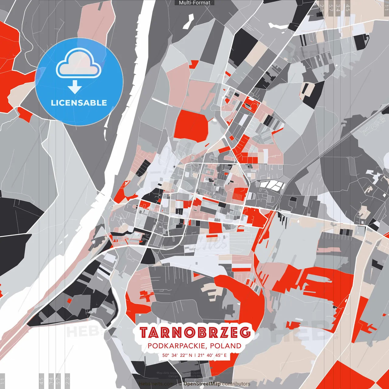 Tarnobrzeg, Podkarpackie, Poland - modern street map poster template with gray and red tones